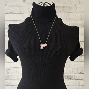 Pink Rhinestone Pistol Charm Necklace Silver Tone Y2K Statement